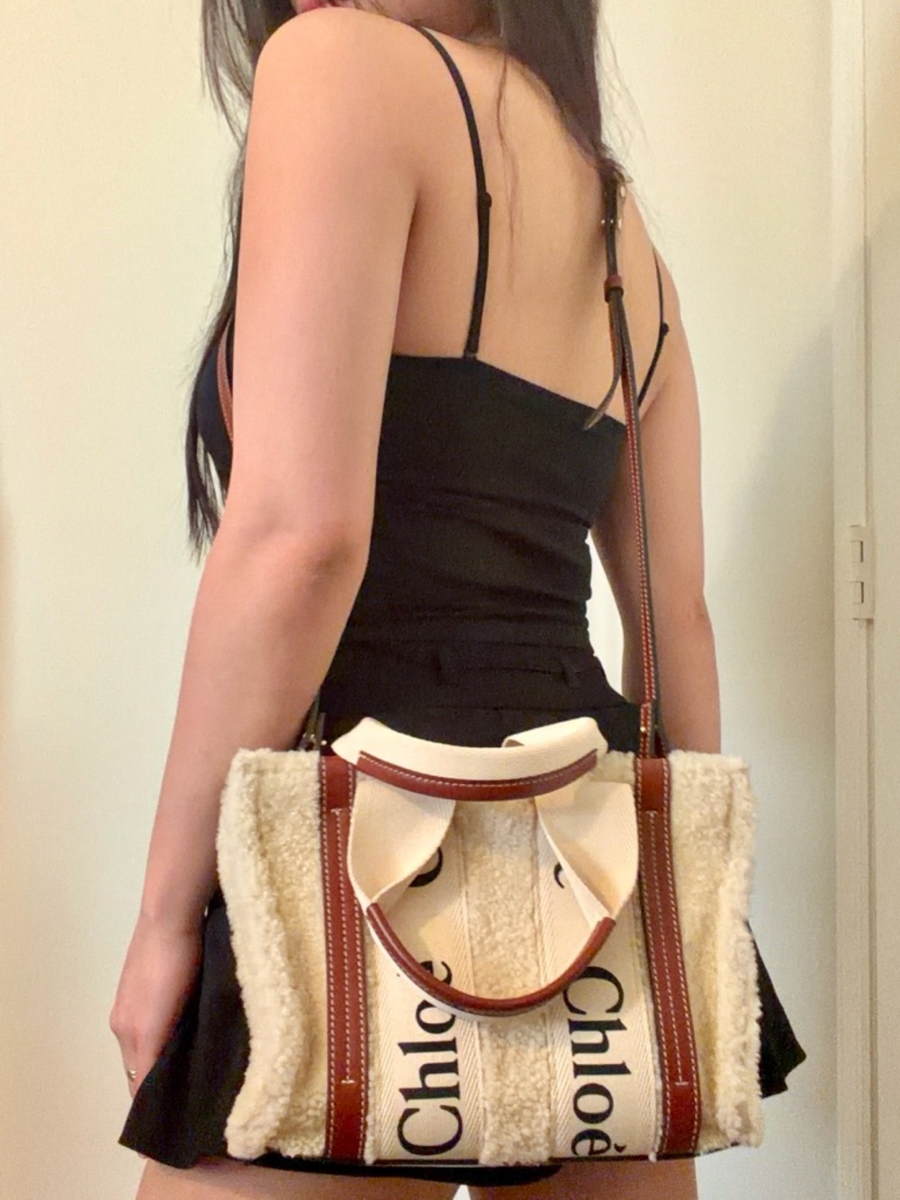 Chloe Cream Shearling and Brown Leather Woody Logo Tote
